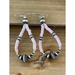 Sterling Silver Southwest Navajo Style Pearl & Pink Conch Bead Hoop Earrings
